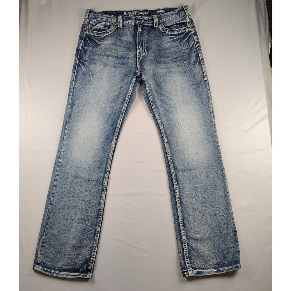 B. Tuff Jeans Torque Mens 38x34 Bootcut Distressed Western Cowboy Blue Denim